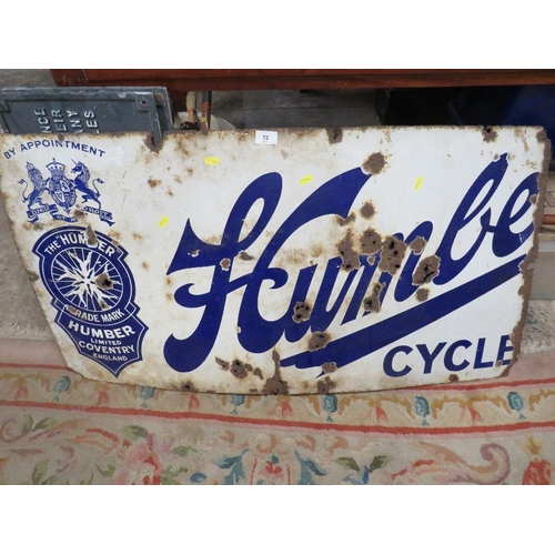 72 - A large Humber Cycles enamel sign