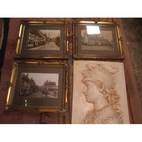 73 - A ceramic profile plaque of a Roman together with three gilt framed photographs of Brewood