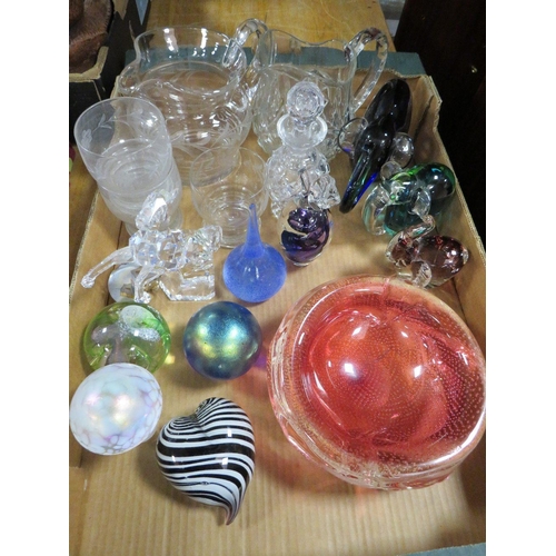 81 - A tray of assorted glassware to include Caithness, elephant and lustre examples of paperweights, Mur... 