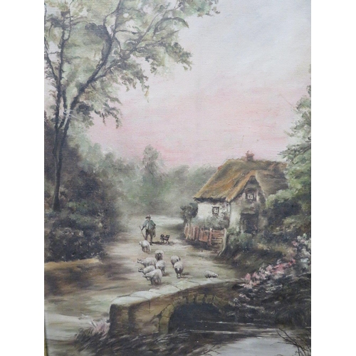 9 - AN OIL ON CANVAS OF A SHEPHERD AND SHEEP CROSSING A BRIDGE, TOGETHER WITH A DUTCH OIL ON CANVAS 'BES... 