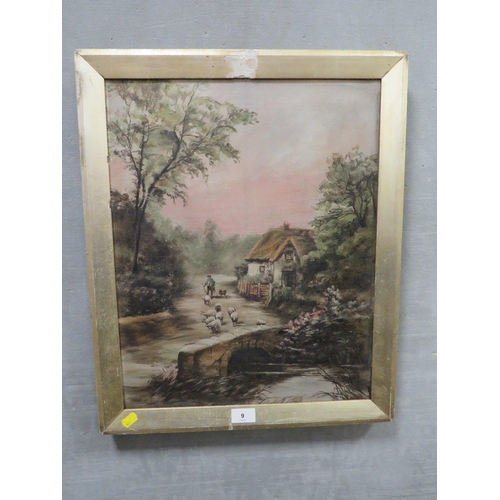 9 - AN OIL ON CANVAS OF A SHEPHERD AND SHEEP CROSSING A BRIDGE, TOGETHER WITH A DUTCH OIL ON CANVAS 'BES... 