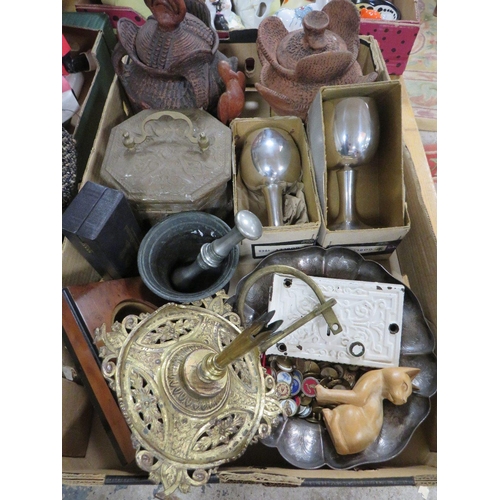 95 - A tray of collectables to include Victorian incense burner, metalware, African pots, bronze mortar &... 