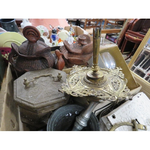 95 - A tray of collectables to include Victorian incense burner, metalware, African pots, bronze mortar &... 