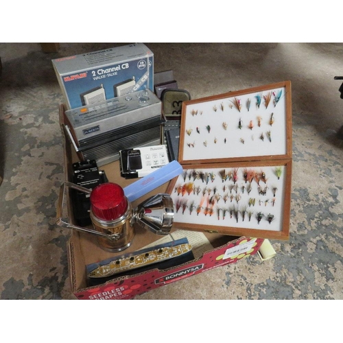 97 - A tray of collectables to include vintage calculator, a box of fishing flies, vintage radios etc.