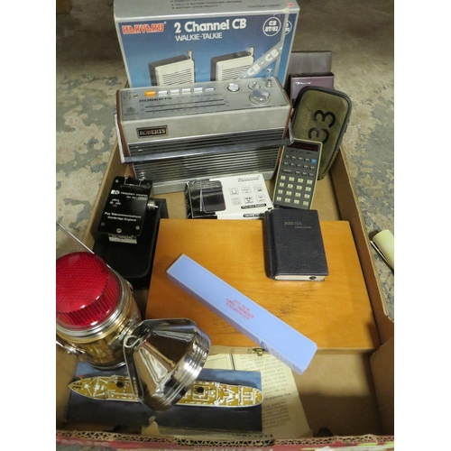 97 - A tray of collectables to include vintage calculator, a box of fishing flies, vintage radios etc.