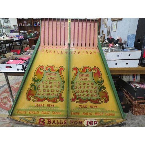 98 - A MID 20TH CENTURY PAINTED WOOD FAIRGROUND ROLL A BALL GAME BOARD, mainly in green and yellow, 145 c... 