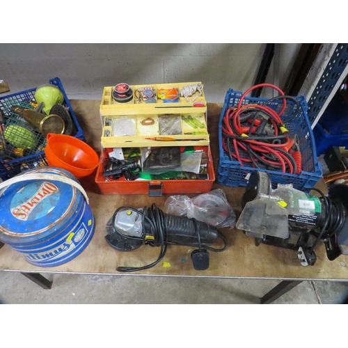 634 - A quantity of items to include tool box and contents, camping stoves, bench grinder and disc cutter ... 