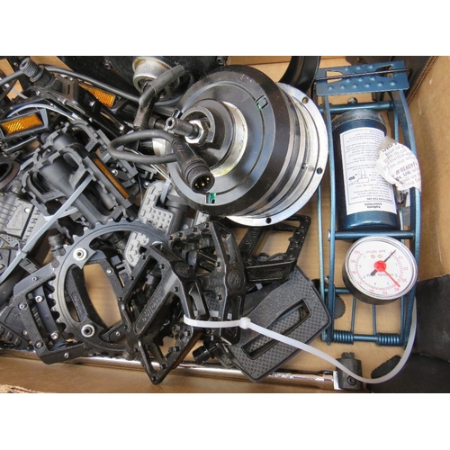 643 - A tray of new and used electric bike and other cycle parts etc