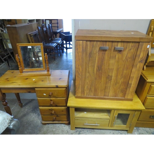 798 - Three modern items of furniture to include a solid pine dressing table, a two door drinks cabinet an... 