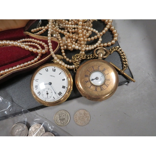 464 - A tray of collectable to include pocket watches, coins etc