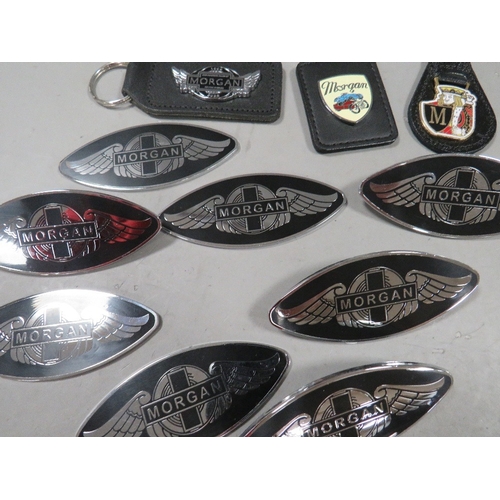 492 - A collection of assorted Morgan car related badges, pins, keyrings and walking stick emblems etc