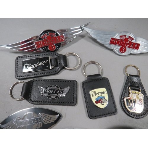 492 - A collection of assorted Morgan car related badges, pins, keyrings and walking stick emblems etc