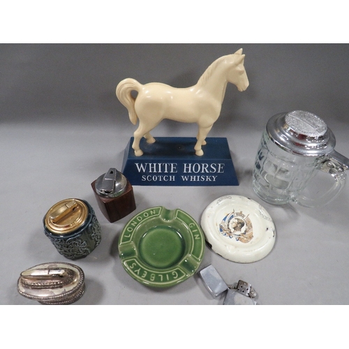 496 - A tray of assorted collectables and breweriana to include vintage 'White Horse' advertising figure, ... 