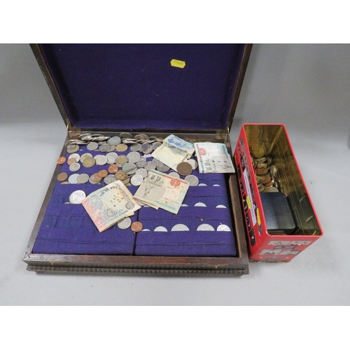 505 - A cutlery box with a tin of collectable coins and notes