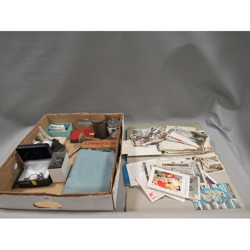 513 - A tray of collectables, watches, scrapbook etc