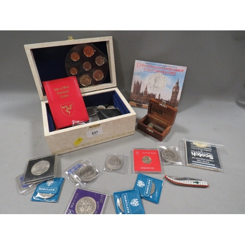 537 - A box of collectables to include vintage British coinage, dog tags etc