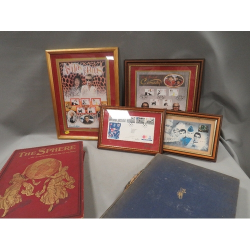 556 - A tray of collectables to include framed signed autographs, floral art book etc