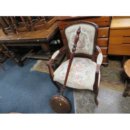 802 - A reproduction tapestry chair together with a copper bed warming pan