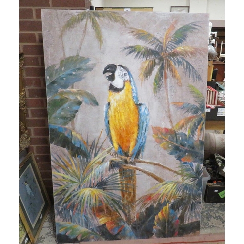 22 - A large modern oil on canvas of a parrot amongst palm trees