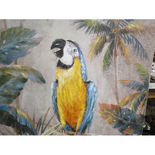 22 - A large modern oil on canvas of a parrot amongst palm trees