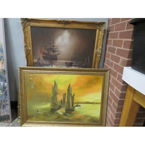 24 - A gilt framed oil on canvas of battleships in harbour together with a damaged example (2)