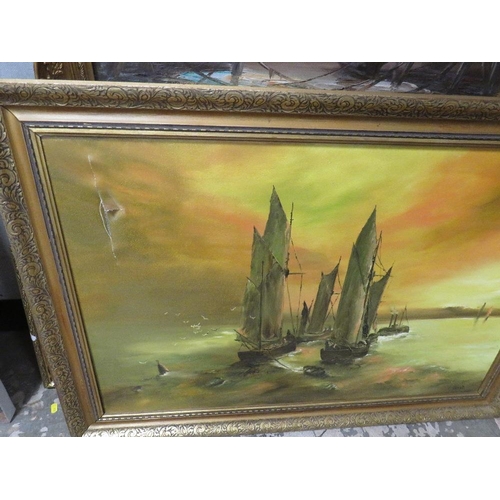 24 - A gilt framed oil on canvas of battleships in harbour together with a damaged example (2)