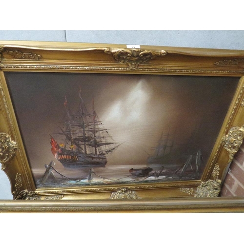 24 - A gilt framed oil on canvas of battleships in harbour together with a damaged example (2)