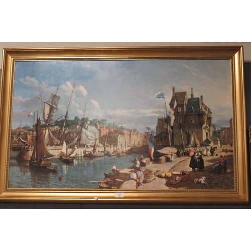 25 - A large gilt framed print of an antique Dutch harbour scene