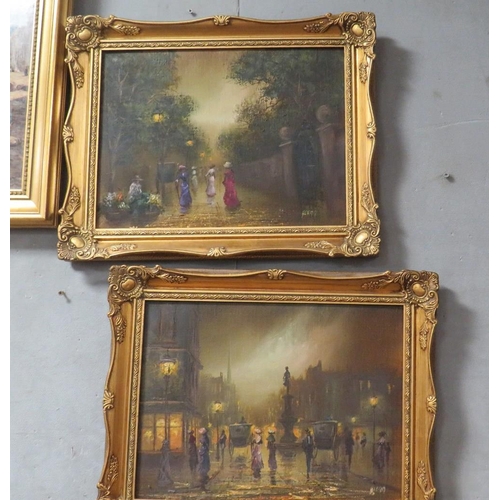 26 - A pair of gilt framed oil on canvas Edwardian street scenes