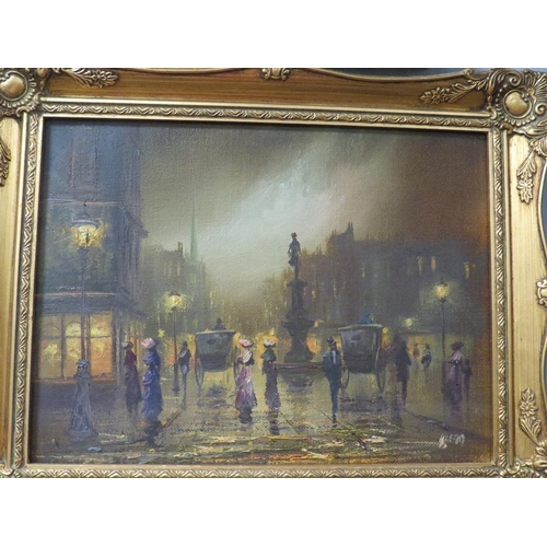 26 - A pair of gilt framed oil on canvas Edwardian street scenes