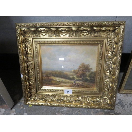 27 - A gilt framed and glazed oil on board of a Shepherd resting with his flock, indistinctly signed lowe... 