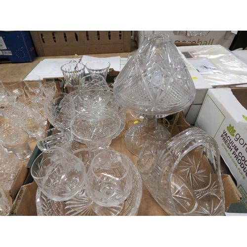 60 - Three trays of cut glass crystal to include a table lamp