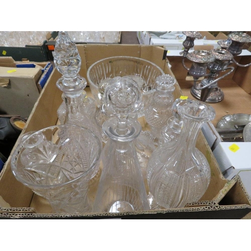 62 - A tray of assorted decanters and cut glass etc