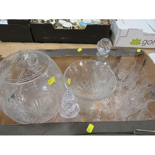 65 - Three trays of cut glass crystal to include a lamp