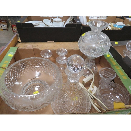 65 - Three trays of cut glass crystal to include a lamp