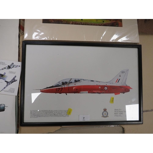 7 - A collection of pictures and prints etc, mainly military to include a framed and glazed Hawk T.1