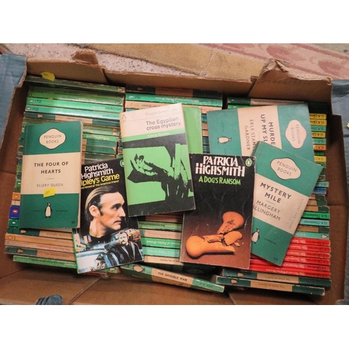 83 - Two boxes of green Penguin paperback crime fiction books, mostly 1960s and 1970s