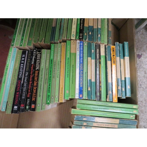 83 - Two boxes of green Penguin paperback crime fiction books, mostly 1960s and 1970s