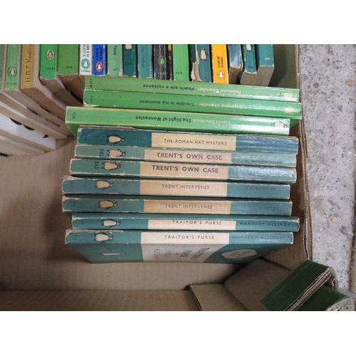 83 - Two boxes of green Penguin paperback crime fiction books, mostly 1960s and 1970s