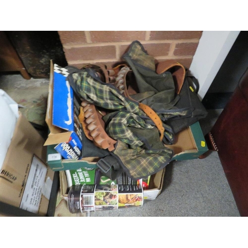 114 - A tray of shooting magazines together with a tray of shooting related items including cartridge belt