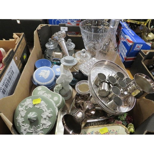 126 - A tray of assorted glass, metal ware to include Wedgewood jasper ware