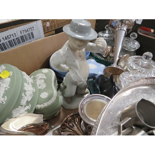 126 - A tray of assorted glass, metal ware to include Wedgewood jasper ware