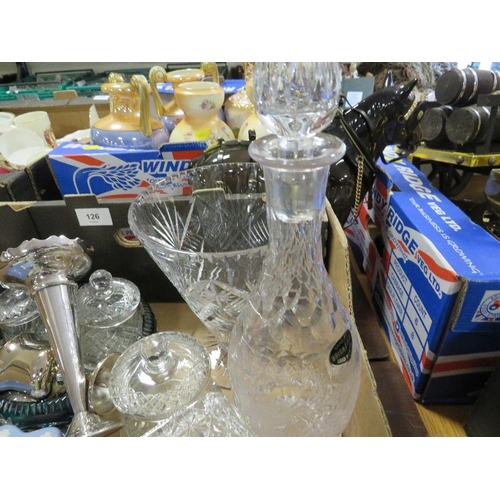 126 - A tray of assorted glass, metal ware to include Wedgewood jasper ware