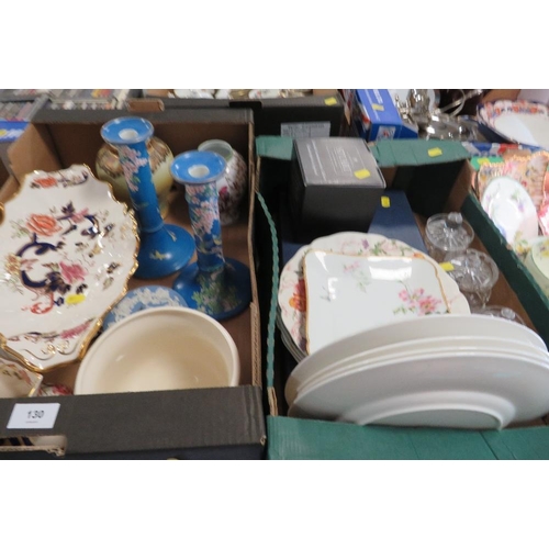 130 - Two trays of ceramics and glassware to include a Masons Mandalay comport, jug and planter, Picardy c... 