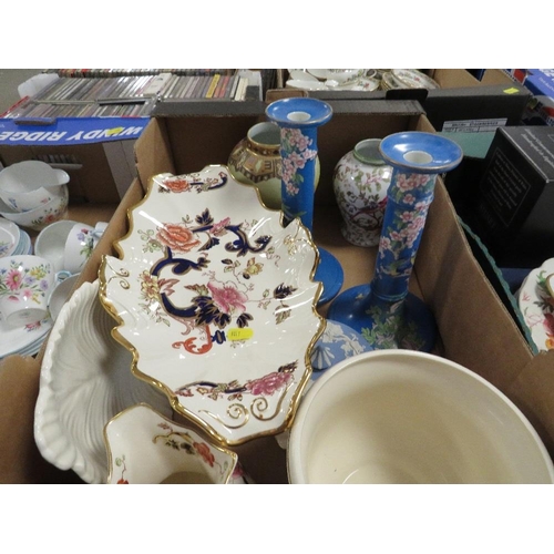 130 - Two trays of ceramics and glassware to include a Masons Mandalay comport, jug and planter, Picardy c... 