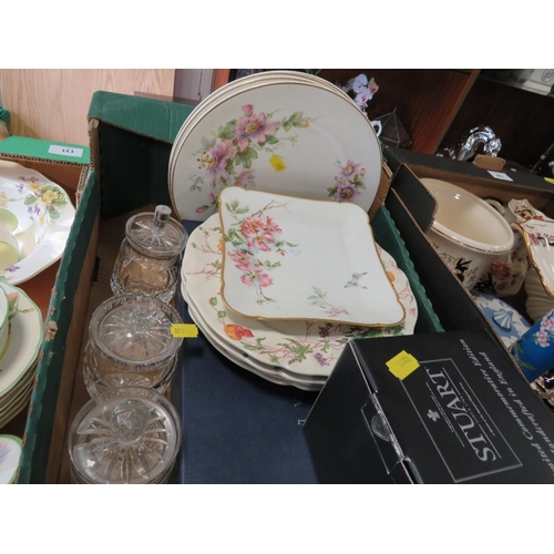 130 - Two trays of ceramics and glassware to include a Masons Mandalay comport, jug and planter, Picardy c... 