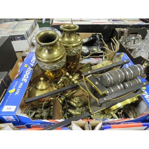 133 - A tray of assorted brass ware together with a ceramic cart horse and cart etc