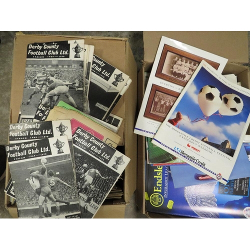 99 - Two boxes of vintage football programmes etc to include Derby County from late 1960's, Liverpool 107... 