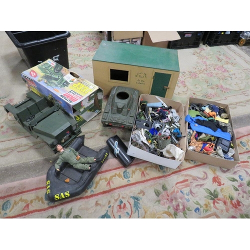 78 - A selection of vintage Action man items to include Action Man, vehicles home made hut, a large selec... 