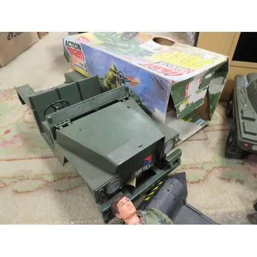 78 - A selection of vintage Action man items to include Action Man, vehicles home made hut, a large selec... 